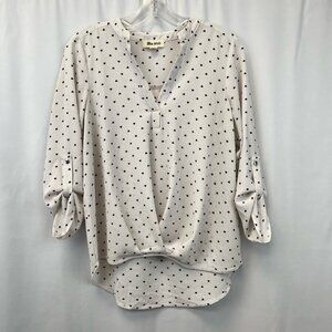 Blue Mood Womens Blouse Off White Hearts 3/4 Sleeve Roll Tab V Neck High Low S